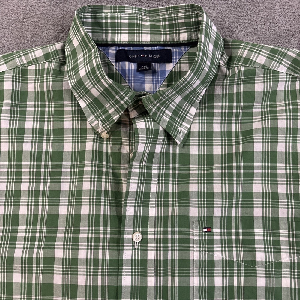 Tommy Hilfiger Men's Long Sleeve Button Up Shirt Men's Size L Green Plaid #021